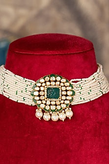 Gold Plated Kundan Polki & Green Stone Choker Necklace In Sterling Silver