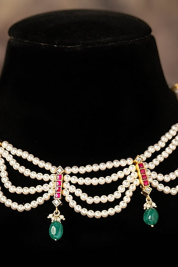 Gold Plated Green Kundan Polki Necklace In Sterling Silver