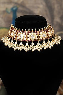 Gold Plated Red Kundan Polki Necklace In Sterling Silver