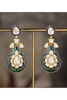 Gold Plated Blue Kundan Polki Dangler Earrings In Sterling Silver