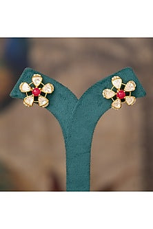 Gold Plated Pink Kundan Polki Stud Earrings In Sterling Silver