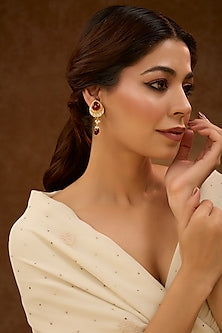 Gold Plated Red Kundan Polki Dangler Earrings In Sterling Silver
