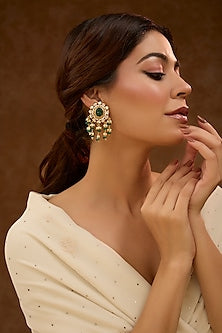 Gold Plated Green Kundan Polki Dangler Earrings In Sterling Silver