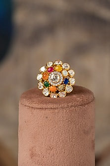 Gold Plated Multi-Colored Gemstone Enameled Ring In Sterling Silver