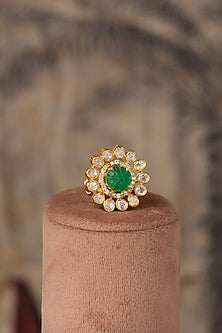 Gold Plated Green Kundan Polki Ring In Sterling Silver