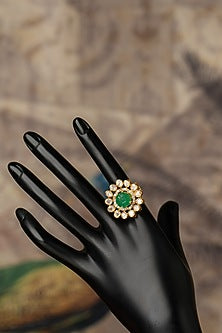 Gold Plated Green Kundan Polki Ring In Sterling Silver