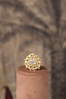 Gold Plated Kundan Polki Ring In Sterling Silver