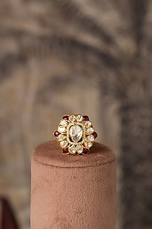 Gold Plated Red Kundan Polki Ring In Sterling Silver