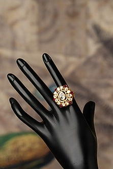 Gold Plated Red Kundan Polki Ring In Sterling Silver