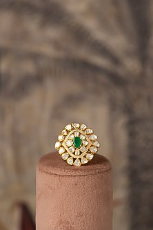 Gold Plated Green Kundan Polki Ring In Sterling Silver