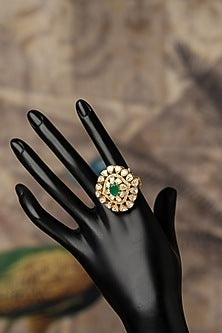 Gold Plated Green Kundan Polki Ring In Sterling Silver