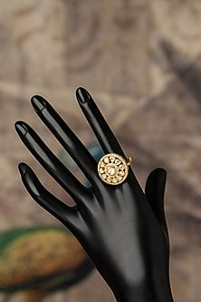 Gold Plated White Kundan Polki Ring In Sterling Silver