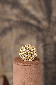 Gold Plated White Kundan Polki Ring In Sterling Silver