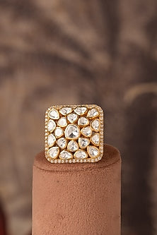 Gold Plated White Kundan Polki Ring In Sterling Silver