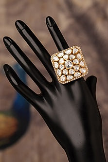 Gold Plated White Kundan Polki Ring In Sterling Silver
