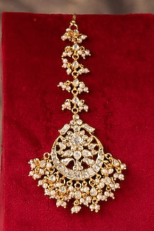 Gold Finish Moissanite Polki & Zircon Maangtikka In Sterling Silver