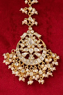 Gold Finish Moissanite Polki & Zircon Maangtikka In Sterling Silver