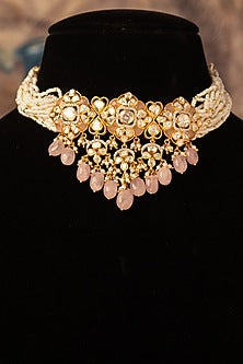 Gold Plated Pink Kundan Polki Choker Necklace In Sterling Silver