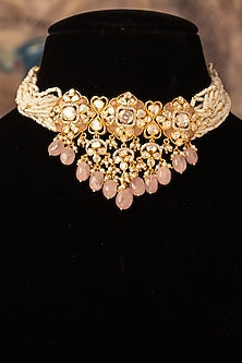 Gold Plated Pink Kundan Polki Choker Necklace In Sterling Silver