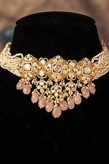 Gold Plated Pink Kundan Polki Choker Necklace In Sterling Silver