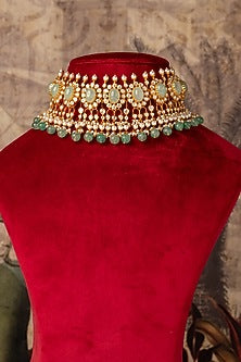 Gold Plated Kundan Polki & Russian Emerald Choker Necklace In Sterling Silver