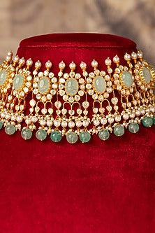 Gold Plated Kundan Polki & Russian Emerald Choker Necklace In Sterling Silver