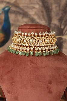 Gold Plated Green Kundan Polki Choker Necklace In Sterling Silver