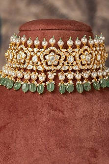 Gold Plated Green Kundan Polki Choker Necklace In Sterling Silver