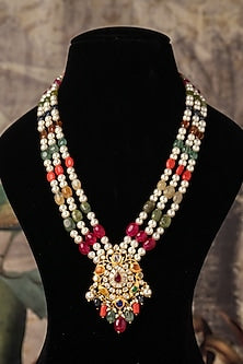 Gold Plated White Kundan Polki Long Necklace In Sterling Silver