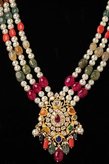 Gold Plated White Kundan Polki Long Necklace In Sterling Silver