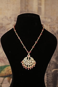 Gold Plated Red Kundan Polki Long Necklace In Sterling Silver