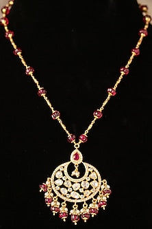 Gold Plated Red Kundan Polki Long Necklace In Sterling Silver