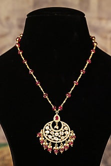 Gold Plated Red Kundan Polki Long Necklace In Sterling Silver