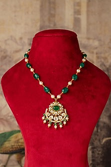 Gold Plated Green Kundan Polki Long Necklace In Sterling Silver