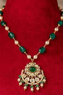Gold Plated Green Kundan Polki Long Necklace In Sterling Silver