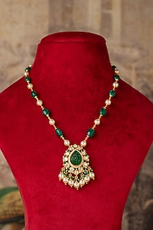 Gold Plated Green Kundan Polki Long Necklace In Sterling Silver