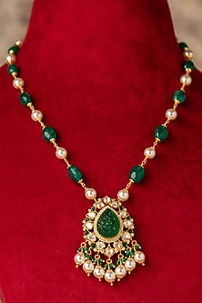 Gold Plated Green Kundan Polki Long Necklace In Sterling Silver
