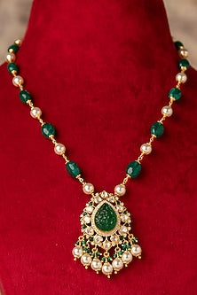 Gold Plated Green Kundan Polki Long Necklace In Sterling Silver