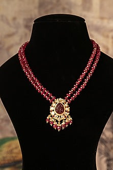 Gold Plated Red Kundan Polki Long Necklace In Sterling Silver