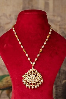 Gold Plated White Kundan Polki Long Necklace In Sterling Silver