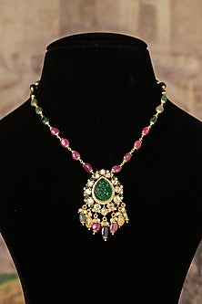 Gold Plated Green Kundan Polki Long Necklace In Sterling Silver