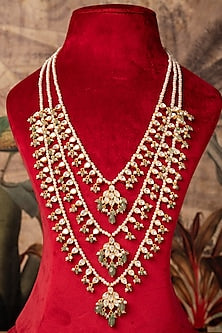 Gold Plated Green Kundan Polki Long Necklace In Sterling Silver