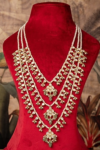 Gold Plated Green Kundan Polki Long Necklace In Sterling Silver