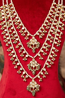 Gold Plated Green Kundan Polki Long Necklace In Sterling Silver