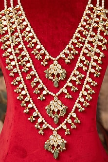 Gold Plated Green Kundan Polki Long Necklace In Sterling Silver