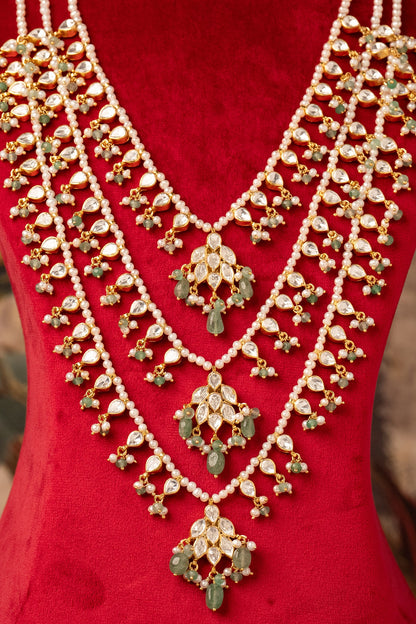 Gold Plated Green Kundan Polki Long Necklace In Sterling Silver