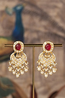 Gold Plated Pink Synthetic Stone Chandbali Earrings In Sterling Silver