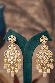Gold Plated White Kundan Polki Dangler Earrings In Sterling Silver
