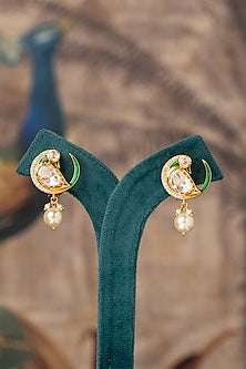 Gold Plated White Kundan Polki Stud Earrings In Sterling Silver