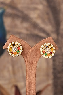 Gold Plated White Kundan Polki & Multi-Colored Stone Stud Earrings In Sterling Silver